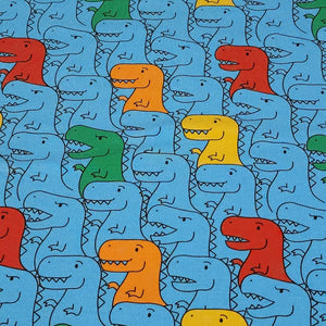 Dinosaur Cotton Spandex European Knit Fabric, Colorful T Rex Dino Fabric, Nice Quality Soft Fabric, 4-way Stretch. Sold by the 1/2 yard.