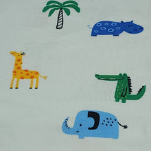 Load image into Gallery viewer, Jungle Print Cotton Jersey Knit Fabric, Giraffe, Crocodile, and Hippo Fabric on Mint. European Sourced, 4-way Stretch. Sold by the 1/2 yard.
