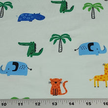 Load image into Gallery viewer, Jungle Print Cotton Jersey Knit Fabric, Giraffe, Crocodile, and Hippo Fabric on Mint. European Sourced, 4-way Stretch. Sold by the 1/2 yard.
