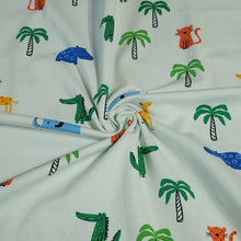 Load image into Gallery viewer, Jungle Print Cotton Jersey Knit Fabric, Giraffe, Crocodile, and Hippo Fabric on Mint. European Sourced, 4-way Stretch. Sold by the 1/2 yard.
