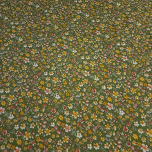 Load image into Gallery viewer, Rayon Crepe Fabric, Green with Yellow and White Ditsy Floral Print. Light and Flowy Fabric. 100% Rayon Woven Fabric. Sold by the 1/2 yard
