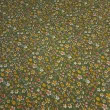 Load image into Gallery viewer, Rayon Crepe Fabric, Green with Yellow and White Ditsy Floral Print. Light and Flowy Fabric. 100% Rayon Woven Fabric. Sold by the 1/2 yard
