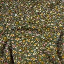 Load image into Gallery viewer, Rayon Crepe Fabric, Green with Yellow and White Ditsy Floral Print. Light and Flowy Fabric. 100% Rayon Woven Fabric. Sold by the 1/2 yard
