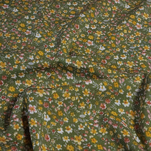 Load image into Gallery viewer, Rayon Crepe Fabric, Green with Yellow and White Ditsy Floral Print. Light and Flowy Fabric. 100% Rayon Woven Fabric. Sold by the 1/2 yard
