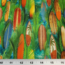 Load image into Gallery viewer, Surf Board Cotton Jersey Knit Fabric. Surf&#39;s Up Fun European Quality Knit Fabric. Quality Soft Fabric, 4-way Stretch. Sold by the 1/2 yard.
