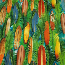 Load image into Gallery viewer, Surf Board Cotton Jersey Knit Fabric. Surf&#39;s Up Fun European Quality Knit Fabric. Quality Soft Fabric, 4-way Stretch. Sold by the 1/2 yard.
