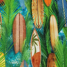 Load image into Gallery viewer, Surf Board Cotton Jersey Knit Fabric. Surf&#39;s Up Fun European Quality Knit Fabric. Quality Soft Fabric, 4-way Stretch. Sold by the 1/2 yard.
