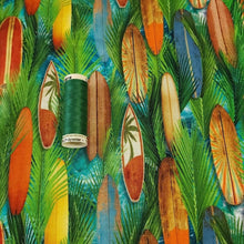 Load image into Gallery viewer, Surf Board Cotton Jersey Knit Fabric. Surf&#39;s Up Fun European Quality Knit Fabric. Quality Soft Fabric, 4-way Stretch. Sold by the 1/2 yard.
