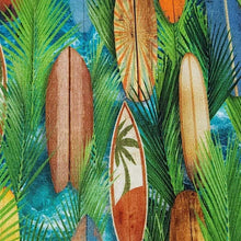 Load image into Gallery viewer, Surf Board Cotton Jersey Knit Fabric. Surf&#39;s Up Fun European Quality Knit Fabric. Quality Soft Fabric, 4-way Stretch. Sold by the 1/2 yard.
