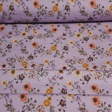 Load image into Gallery viewer, Cotton Jersey Knit Purple Lilac Floral. Cotton Spandex Euro Knit Fabric. Nice Quality Soft Fabric, 4-way Stretch. Sold by the 1/2 yard.
