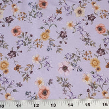 Load image into Gallery viewer, Cotton Jersey Knit Purple Lilac Floral. Cotton Spandex Euro Knit Fabric. Nice Quality Soft Fabric, 4-way Stretch. Sold by the 1/2 yard.
