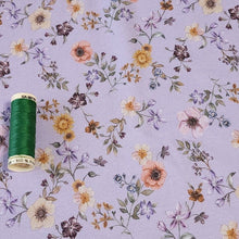 Load image into Gallery viewer, Cotton Jersey Knit Purple Lilac Floral. Cotton Spandex Euro Knit Fabric. Nice Quality Soft Fabric, 4-way Stretch. Sold by the 1/2 yard.
