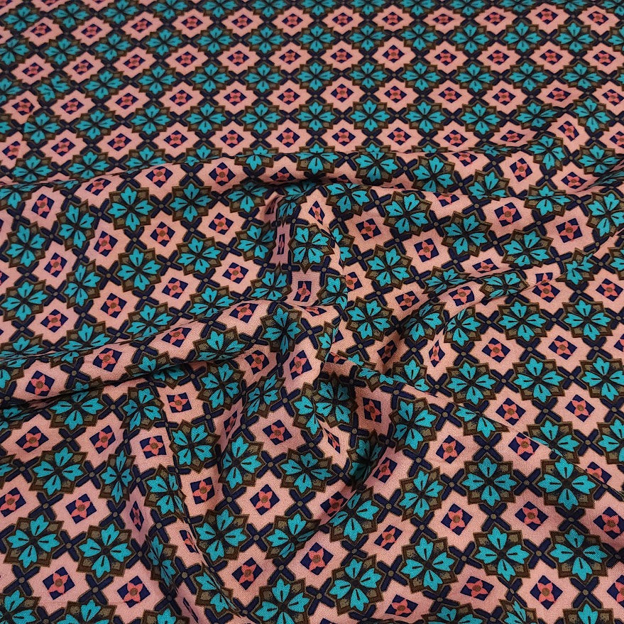 Rayon Challis Fabric, Pretty Pink and Teal Geometric Floral. Light and Flowy Fabric. 100% Rayon Woven Fabric. Sold by the 1/2 yard