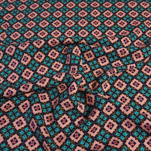 Load image into Gallery viewer, Rayon Challis Fabric, Pretty Pink and Teal Geometric Floral. Light and Flowy Fabric. 100% Rayon Woven Fabric. Sold by the 1/2 yard
