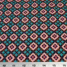 Load image into Gallery viewer, Rayon Challis Fabric, Pretty Pink and Teal Geometric Floral. Light and Flowy Fabric. 100% Rayon Woven Fabric. Sold by the 1/2 yard
