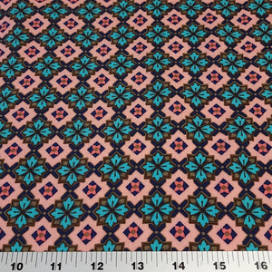 Rayon Challis Fabric, Pretty Pink and Teal Geometric Floral. Light and Flowy Fabric. 100% Rayon Woven Fabric. Sold by the 1/2 yard