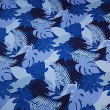 Load image into Gallery viewer, SWIM Fabric: Nylon Spandex Knit, Tropical Leaf Pattern in Varigated Blue. Very Nice Quality Activewear and Swim Fabric. Sold by the 1/2 yard
