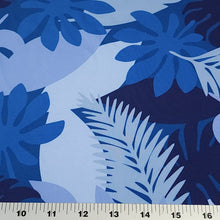 Load image into Gallery viewer, SWIM Fabric: Nylon Spandex Knit, Tropical Leaf Pattern in Varigated Blue. Very Nice Quality Activewear and Swim Fabric. Sold by the 1/2 yard
