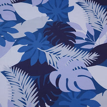 Load image into Gallery viewer, SWIM Fabric: Nylon Spandex Knit, Tropical Leaf Pattern in Varigated Blue. Very Nice Quality Activewear and Swim Fabric. Sold by the 1/2 yard
