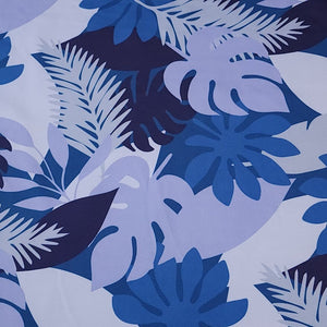 SWIM Fabric: Nylon Spandex Knit, Tropical Leaf Pattern in Varigated Blue. Very Nice Quality Activewear and Swim Fabric. Sold by the 1/2 yard