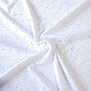 White Eyelet Poly Spandex Knit Fabric, Stretch Knit Fabric, 55 inches Wide. Ideal for Apparel and Home Decor. Sold by the 1/2 yard.