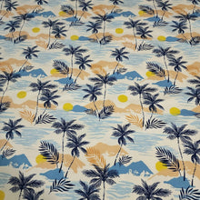 Load image into Gallery viewer, Cotton Knit Jersey Fabric, Tropical Palm and Ocean Print, Perfect for Apparel, European Sourced Fabric, 4 Way Stretch, Sold by the 1/2 yard
