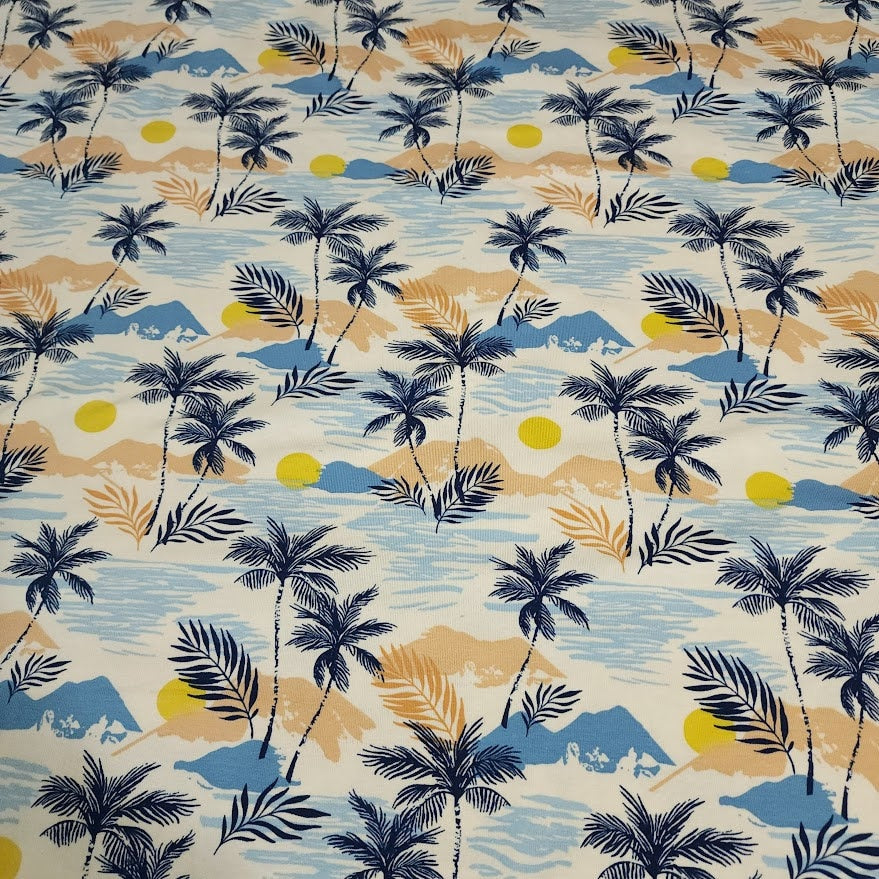 Cotton Knit Jersey Fabric, Tropical Palm and Ocean Print, Perfect for Apparel, European Sourced Fabric, 4 Way Stretch, Sold by the 1/2 yard