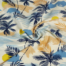 Load image into Gallery viewer, Cotton Knit Jersey Fabric, Tropical Palm and Ocean Print, Perfect for Apparel, European Sourced Fabric, 4 Way Stretch, Sold by the 1/2 yard
