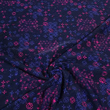 Load image into Gallery viewer, Swim Fabric - Neon Blue and Pink on Navy. Stunning and Pretty Nylon Spandex Fabric for Swimwear - 4 Way Stretch - Sold by the 1/2 Yard
