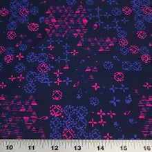 Load image into Gallery viewer, Swim Fabric - Neon Blue and Pink on Navy. Stunning and Pretty Nylon Spandex Fabric for Swimwear - 4 Way Stretch - Sold by the 1/2 Yard
