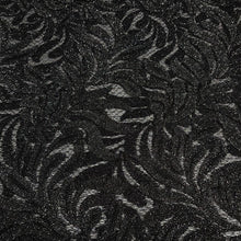 Load image into Gallery viewer, Beautiful Black Glittery Lace leaves on Gray Fishnet Lace, Unique and Trendy Lace, Ideal for Apparel and Home Decor. Sold by the 1/2 yard.
