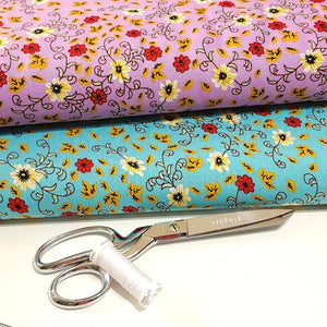 Rayon Challis Fabric, Sweet Summer Purple or Blue Dainty Floral Print. Light and Flowy Fabric. 100% Rayon Woven Fabric. Sold by the 1/2 yard