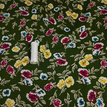 Load image into Gallery viewer, Rayon Challis Fabric, Green Challis With a Sweet Yellow Floral Print. Light and Flowy Fabric. 100% Rayon Woven Fabric. Sold by the 1/2 yard
