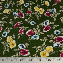 Load image into Gallery viewer, Rayon Challis Fabric, Green Challis With a Sweet Yellow Floral Print. Light and Flowy Fabric. 100% Rayon Woven Fabric. Sold by the 1/2 yard
