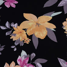 Load image into Gallery viewer, Rayon Challis Fabric, Black Challis with Yellow Tropical Floral Print. Light and Flowy Fabric. 100% Rayon Woven Fabric. Sold by the 1/2 yard
