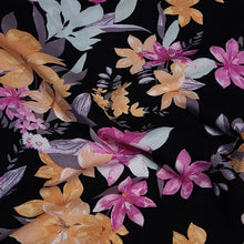 Load image into Gallery viewer, Rayon Challis Fabric, Black Challis with Yellow Tropical Floral Print. Light and Flowy Fabric. 100% Rayon Woven Fabric. Sold by the 1/2 yard
