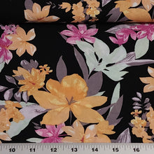 Load image into Gallery viewer, Rayon Challis Fabric, Black Challis with Yellow Tropical Floral Print. Light and Flowy Fabric. 100% Rayon Woven Fabric. Sold by the 1/2 yard
