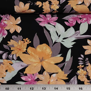 Rayon Challis Fabric, Black Challis with Yellow Tropical Floral Print. Light and Flowy Fabric. 100% Rayon Woven Fabric. Sold by the 1/2 yard