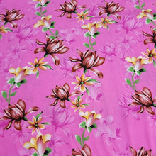 Load image into Gallery viewer, Rayon Challis Fabric, Pretty Fuchsia Pink Tropical Floral Print. Light and Flowy Fabric. 100% Rayon Woven Fabric. Sold by the 1/2 yard
