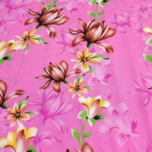 Load image into Gallery viewer, Rayon Challis Fabric, Pretty Fuchsia Pink Tropical Floral Print. Light and Flowy Fabric. 100% Rayon Woven Fabric. Sold by the 1/2 yard
