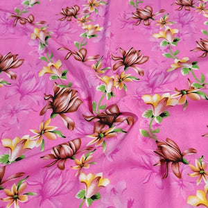 Rayon Challis Fabric, Pretty Fuchsia Pink Tropical Floral Print. Light and Flowy Fabric. 100% Rayon Woven Fabric. Sold by the 1/2 yard