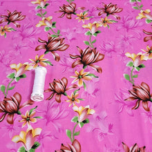 Load image into Gallery viewer, Rayon Challis Fabric, Pretty Fuchsia Pink Tropical Floral Print. Light and Flowy Fabric. 100% Rayon Woven Fabric. Sold by the 1/2 yard
