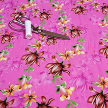 Load image into Gallery viewer, Rayon Challis Fabric, Pretty Fuchsia Pink Tropical Floral Print. Light and Flowy Fabric. 100% Rayon Woven Fabric. Sold by the 1/2 yard
