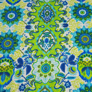 Rayon Challis Fabric, Fun Green and Blue Summer Boho Design . Light and Flowy Fabric. 100% Rayon Woven Fabric. Sold by the 1/2 yard