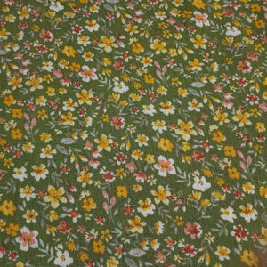 Rayon Crepe Fabric, Green with Yellow and White Ditsy Floral Print. Light and Flowy Fabric. 100% Rayon Woven Fabric. Sold by the 1/2 yard