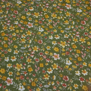 Rayon Crepe Fabric, Green with Yellow and White Ditsy Floral Print. Light and Flowy Fabric. 100% Rayon Woven Fabric. Sold by the 1/2 yard