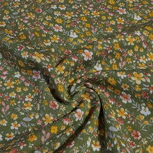 Load image into Gallery viewer, Rayon Crepe Fabric, Green with Yellow and White Ditsy Floral Print. Light and Flowy Fabric. 100% Rayon Woven Fabric. Sold by the 1/2 yard
