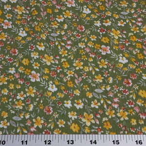 Rayon Crepe Fabric, Green with Yellow and White Ditsy Floral Print. Light and Flowy Fabric. 100% Rayon Woven Fabric. Sold by the 1/2 yard