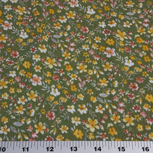 Load image into Gallery viewer, Rayon Crepe Fabric, Green with Yellow and White Ditsy Floral Print. Light and Flowy Fabric. 100% Rayon Woven Fabric. Sold by the 1/2 yard
