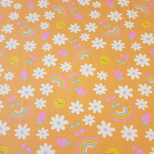 Load image into Gallery viewer, Cotton Knit Jersey Fabric, Summer Sunshine Flower Print, Children&#39;s Apparel, European Sourced Fabric, 4 Way Stretch, Sold by the 1/2 yard
